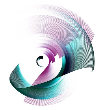 Parlak, canlı renkli çizgiler dalgalı uçaklar yaratır, beyaz arka planda dönerler. 3D görüntüleme. 3 boyutlu illüstrasyon. Logo, simge, işaret, sembol. Grafik tasarım ögesi.