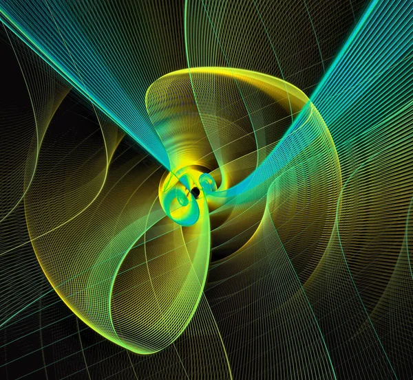 Transparent, airy planes are curved in the form of a bow and rotate  on a black background. Wavy and straight planes radiate from the blades. Abstract fractal background. 3d rendering. 3d illustration.