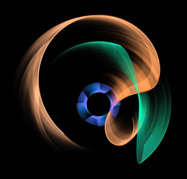 Dalgalı turuncu, yeşil ve mavi uçaklar kesişir ve siyah bir arkaplanda döner. 3D görüntüleme. 3 boyutlu illüstrasyon. Logo, simge, işaret, sembol. Grafik tasarım ögesi.