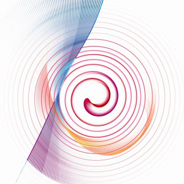 Mavi ve turuncu şeffaf dalgalı uçaklar beyaz zemin üzerinde kırmızı bir spiral üzerine yerleştirilmiştir. 3D görüntüleme. 3 boyutlu illüstrasyon. Soyut fraktal arkaplan.