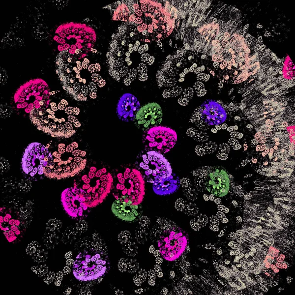 색깔의 점들이 나선형으로 지는데 나선형에서 배경에 커다란 나선이 됩니다 기본적 — 스톡 사진