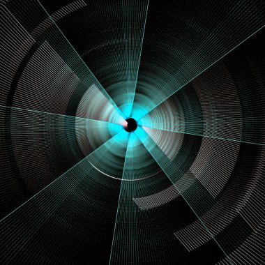 Turkuaz ve beyaz pervaneli soyut arka plan. Düz şeffaf bıçaklar siyah bir arka planda merkezin etrafında döner. 3D görüntüleme. 3d illüstrasyon.