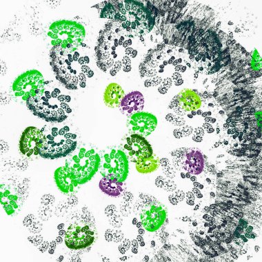 Yeşil ve mor lekelerin benzerleri beyaz zemin üzerinde büyük bir spiral şeklinde katlanır. Soyut fraktal arka plan. 3D görüntüleme. 3d illüstrasyon.
