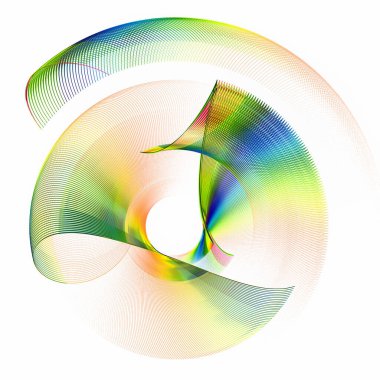 Güzel kıvrımlı, yanardöner, düz, şeffaf elementler beyaz arka planda dönüyor. Grafik tasarım elementi. 3D görüntüleme. 3 boyutlu illüstrasyon. Logo, simge, işaret, sembol.