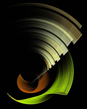 Dalgalı, kavisli ve daire şeklinde parlak elementler, siyah bir arkaplan üzerinde dönerler. Grafik tasarım elementi. 3D görüntüleme. 3 boyutlu illüstrasyon. Logo, simge, imza.