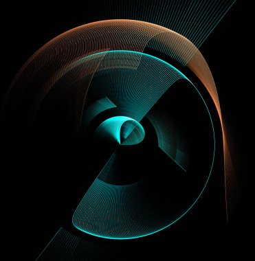 Turkuaz ve turuncu, düz ve kavisli, zarif kıvrımlı düz saydam elementler siyah bir zemin üzerinde dönüyor. Grafik tasarım elementi. 3D görüntüleme. 3 boyutlu illüstrasyon. Logo, simge, imza.