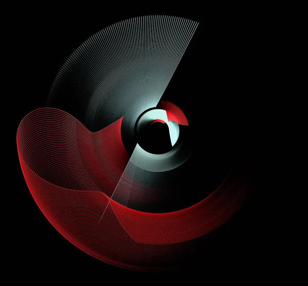 Light straight and red wavy elements rotate in a circle on a black background. Graphic design element. 3d rendering. 3d illustration. Logo, icon, sign, symbol.