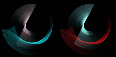 Soyut bir motorun turkuaz, kırmızı, çelik pervaneleri zarif bir şekilde daire şeklinde kıvrılır ve siyah bir zemin üzerinde döner. Grafik tasarım ögeleri ayarlandı. 3D görüntüleme. 3d illüstrasyon.