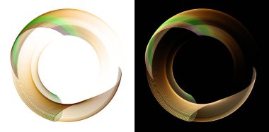Orange wavy transparent planes with a green stripe bend and form a ring on white and black backgrounds. Graphic design elements set. 3d rendering. 3d illustration. Logo, icon, sign, symbol. clipart