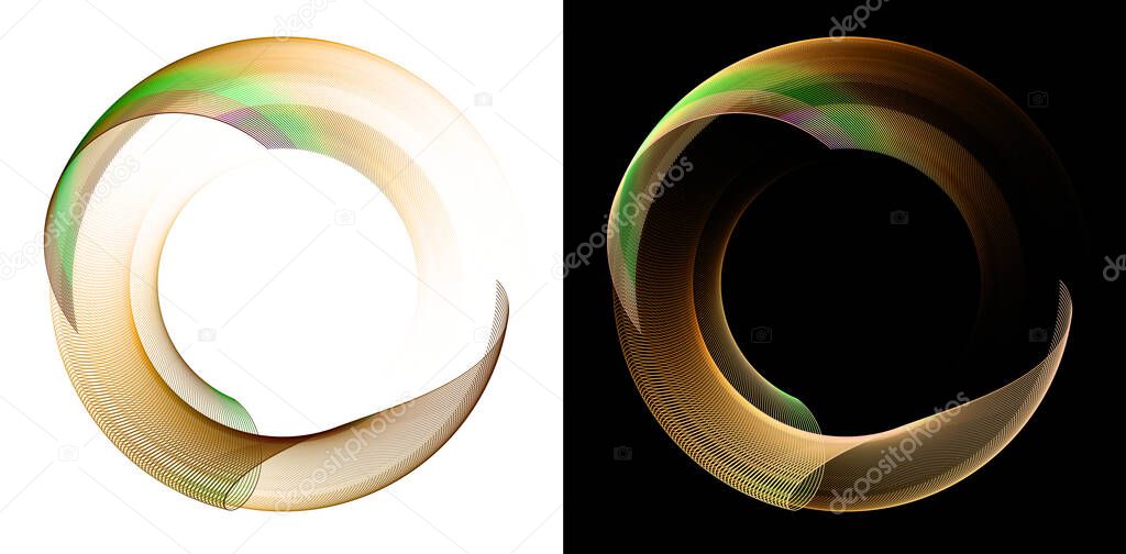 Orange wavy transparent planes with a green stripe bend and form a ring on white and black backgrounds. Graphic design elements set. 3d rendering. 3d illustration. Logo, icon, sign, symbol.