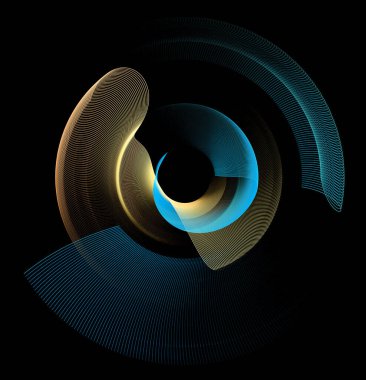 Sarı ve mavi renkli dalgalı elementler yuvarlak ve zarif bir şekilde siyah bir arkaplan üzerine kurulmuştur. Grafik tasarım elementi. 3D görüntüleme. 3 boyutlu illüstrasyon. İmzala, simge, sembol, logo.