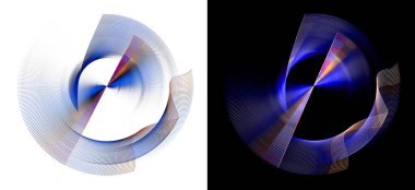 Mavi düz ve parlak çizgili dalgalı elementler beyaz ve siyah arka planda merkezin etrafında dönerler. Grafik tasarım ögeleri ayarlandı. 3D görüntüleme. 3 boyutlu illüstrasyon. İmzala, simge, sembol, logo.