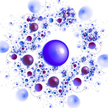 Farklı boyutlarda mavi ve mor küreler beyaz arka planda uzayda yüzerler. Uzayda bir çok gezegenin yerini simüle et. Soyut fraktal arka plan. 3D görüntüleme. 3d illüstrasyon.