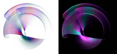 Renkli dalgalı şeffaf yuvarlak elementler beyaz ve siyah arka planlar etrafında döner. Grafik tasarım ögeleri ayarlandı. 3D görüntüleme. 3 boyutlu illüstrasyon. İmzala, simge, sembol, logo.