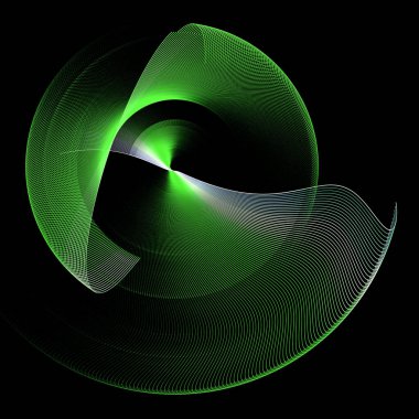 Yeşil şeffaf, dalgalı, parlak yüzeyler denizanası şeklinde düzenlenir ve siyah bir arkaplana doğru uçar. Grafik tasarım elementi. 3D görüntüleme. 3 boyutlu illüstrasyon. İmzala, simge, sembol, logo.