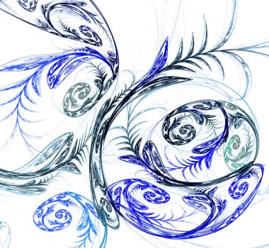 Mavi ve siyah spirallerden oluşan bir desen beyaz arkaplanı doldurur. Soyut fraktal arka plan. 3D görüntüleme. 3d illüstrasyon.