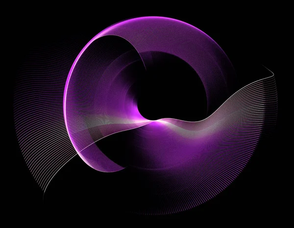 A rounded arcuate plane is crossed by a wavy fan-shaped plane. Magenta elements rotate on a black background. Graphic design element. 3d rendering. 3d illustration. Sign, icon, symbol, logo.