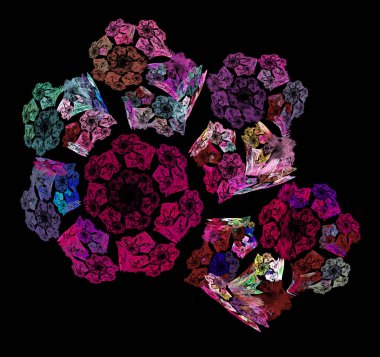 Renkli spiraller, siyah arkaplana karşı büyük bir spiralin parçalarıdır. Suluboya, guaj ya da yağlı boya resimli bir çizimin kopyası. Soyut fraktal arka plan. 3D görüntüleme. 3d illüstrasyon. 