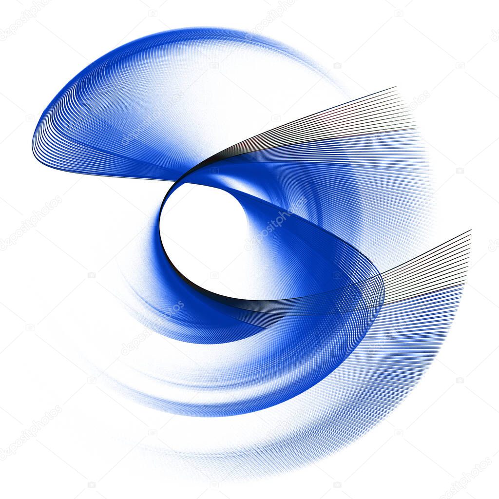 Blue transparent wavy and arched, with a black stripe, planes intersect beautifully on a white background. Graphic design element. 3d rendering. 3d illustration. Sign, icon, symbol, logo.