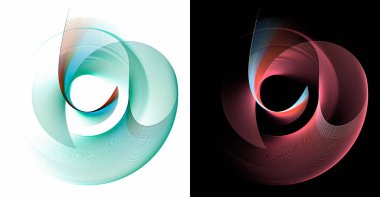 Yeşil ve kırmızı dalgalı yüzeyler güzel bir şekilde kesişiyor ve beyaz ve siyah arka planlara karşı bir kıvrım oluşturuyor. Grafik tasarım ögeleri ayarlandı. 3D görüntüleme. 3 boyutlu illüstrasyon. İmzala, simge, sembol, logo.