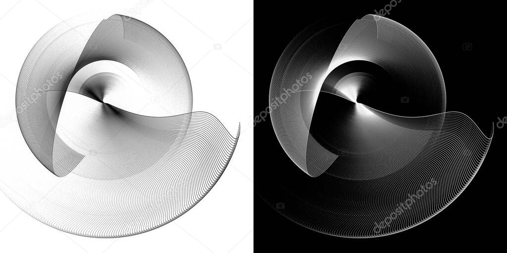 Monochrome rounded transparent planes form a jellyfish-like shape and rotate on white and black backgrounds. Graphic design elements set. 3d rendering. 3d illustration. Sign, icon, symbol, logo.