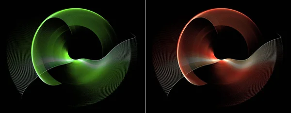 The green and red wavy rounded planes bend in an arc, fan out and rotate against a black background. Graphic design elements set. 3d rendering. 3d illustration. Sign, icon, symbol, logo.