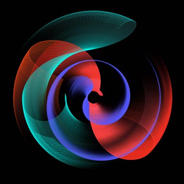 Turkuaz, kırmızı ve mavi dalgalı, şeffaf uçaklar siyah bir zemin üzerinde kıvrımlı, yay ve dönme şeklinde kıvrılır. Grafik tasarım elementi. 3D görüntüleme. 3 boyutlu illüstrasyon. İmzala, simge, sembol.