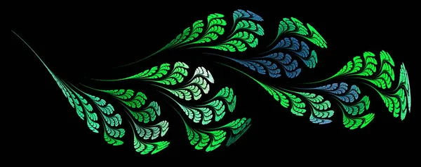Ornament Green Leaves Wavy Twig Black Background Abstract Fractal Background — Stock Photo, Image