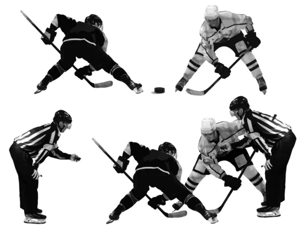 Ice hockey. The referee holds the puck in his hand. Hockey players prepared for the game. Figures of hockey players and referees isolated on white background. Illustration. Vector, eps10.