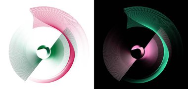 Düz ve dalgalı yeşil ve eflatun şeffaf uçaklar beyaz ve siyah arka planlar üzerinde daireler çizerler. Grafik tasarım ögeleri ayarlandı. 3D görüntüleme. 3 boyutlu illüstrasyon. İmzala, simge, sembol.