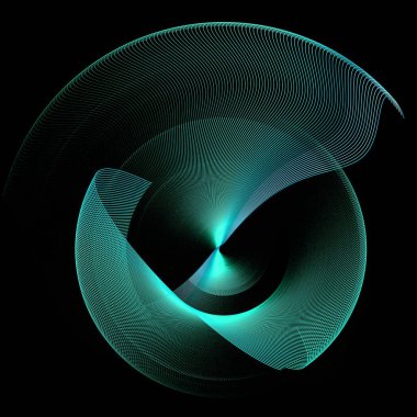 Turkuaz şeffaf dalgalı yuvarlak uçaklar merkezin etrafında kıvrılır ve siyah bir zemin üzerinde döner. Grafik tasarım elementi. 3D görüntüleme. 3 boyutlu illüstrasyon. İmzala, simge, sembol.