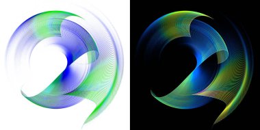 Mavi dalgalı yuvarlak saydam elementler, yeşil alanlar beyaz ve siyah arka planlar üzerinde üst üste dönerler. Grafik tasarım ögeleri ayarlandı. 3D görüntüleme. 3 boyutlu illüstrasyon. İmzala, simge, sembol.