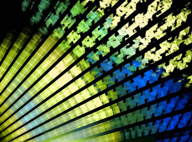 Mavi alanları olan sarı-yeşil ışınlar, sol alt köşeden siyah arka planda farklı yönlere doğru farklılaşır. Soyut fraktal arka plan. 3D görüntüleme. 3d illüstrasyon.