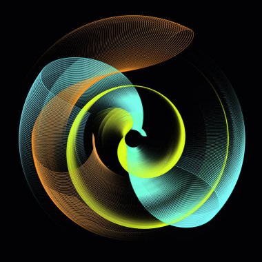 Turuncu, turkuaz ve sarı şeffaf uçaklar bir dalga, yay ve spiral şeklinde kıvrılır ve siyah bir zemin üzerinde kesişir ve döner. Grafik tasarım elementi. 3D görüntüleme. 3d illüstrasyon.