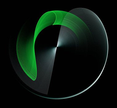 Beyaz saydam çizgili uçak siyah arka planda dönüyor. Üzerinde dalgalı yeşil bir uçak asılı duruyor. Grafik tasarım elementi. 3D görüntüleme. 3 boyutlu illüstrasyon. İmzala, simge, sembol.