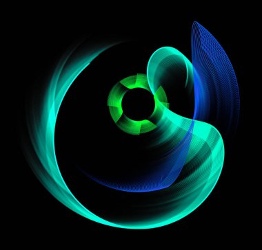 Renkli dalgalı ve kavisli uçaklar kesişiyor ve ilginç bir şekilde siyah bir arkaplana karşı konumlanıyorlar. Grafik tasarım elementi. 3D görüntüleme. 3 boyutlu illüstrasyon. İmzala, simge, sembol.