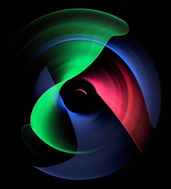 Soyut motorun yeşil, mavi ve kırmızı dalgalı bıçakları siyah bir arkaplanda katmanlanmış ve döndürülmüştür. Grafik tasarım elementi. 3D görüntüleme. 3 boyutlu illüstrasyon. İmzala, simge, sembol.