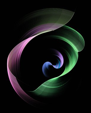 Magenta ve yeşil dalgalı çizgili uçaklar siyah arka planda dönerler. Grafik tasarım elementi. 3D görüntüleme. 3 boyutlu illüstrasyon. İmzala, simge, sembol.