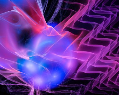 Mavi ışıklar siyah bir arka planda leylak rengi şeffaf bir peçenin altında daireler çiziyor. Soyut fraktal arka plan. 3D görüntüleme. 3d illüstrasyon.