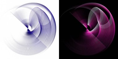 Mavi ve mor dalgalı ve düz şeffaf uçaklar beyaz ve siyah arka planlarda dönerler. Grafik tasarım ögeleri ayarlandı. 3D görüntüleme. 3 boyutlu illüstrasyon. İmzala, simge, sembol.