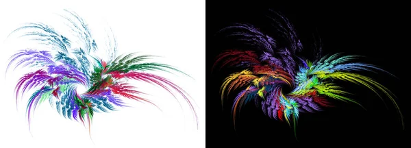 A wreath of multi-colored feathers of different lengths on a black and white backgrounds. The feathers are fanned out and look like a flower. Abstract fractal background. 3d rendering. 3d illustration