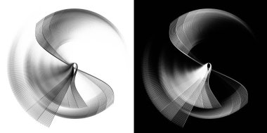 Monochrome wavy abstract propeller blades rotate on black and white backgrounds. Graphic design elements set. 3d rendering. 3d illustration. Symbol, sign, icon, logo.