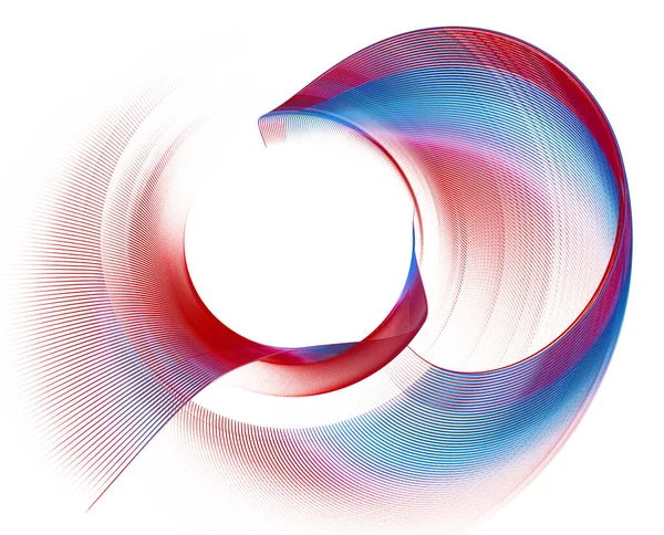 Wavy planes, red with blue stripes, are arranged around a circle and create a circular frame on a white background. Abstract fractal background. 3d rendering. 3d illustration.