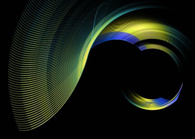 Mavi çizgili sarı kemerli yelpazeler, siyah arkaplana karşı dairesel bir çerçeve oluşturmak için üst üste dizilmiştir. Soyut fraktal arka plan. 3D görüntüleme. 3d illüstrasyon.