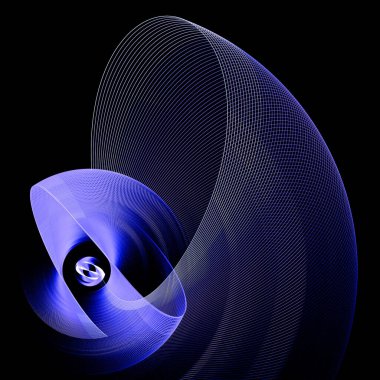 Kemerin içinde dalgalı, şeffaf bir uçak var. Havadar mavi elementler siyah bir arkaplana karşı güzelce düzenlenmiş. Soyut fraktal arka plan. 3D görüntüleme. 3d illüstrasyon.