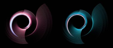 Soyut pervanenin pembe ve mavi kavisli bıçakları siyah bir arkaplanda dairesel bir çerçeve oluşturmak için aynı yönde dönerler. Grafik tasarım ögeleri ayarlandı. 3D görüntüleme. 3d illüstrasyon.