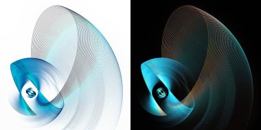 Mavi zik zag ve kemerli şeffaf uçaklar beyaz ve siyah arka planda dönerler. Grafik tasarım ögeleri ayarlandı. 3D görüntüleme. 3 boyutlu illüstrasyon. Sembol, işaret, simge.