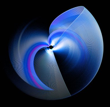 Arka planda, şeffaf, havadar, yuvarlak mavi elementler düz, kıvrımlı ve siyah bir arkaplanda döndürülmüştür. Grafik tasarım elementi. 3D görüntüleme. 3 boyutlu illüstrasyon. Sembol, işaret, simge, logo.