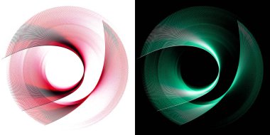 Soyut bir pervanenin kırmızı ve yeşil kemerli bıçakları beyaz ve siyah arka planlara karşı dönüyor. Grafik tasarım ögeleri ayarlandı. 3D görüntüleme. 3 boyutlu illüstrasyon. Sembol, işaret, simge, logo.