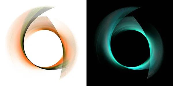 The turquoise and orange arcuate illuminated transparent planes create circular frames on white and black backgrounds. Graphic design elements set. 3d rendering. 3d illustration. Symbol, icon, logo.